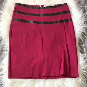 Maroon pencil skirt with faux leather detail